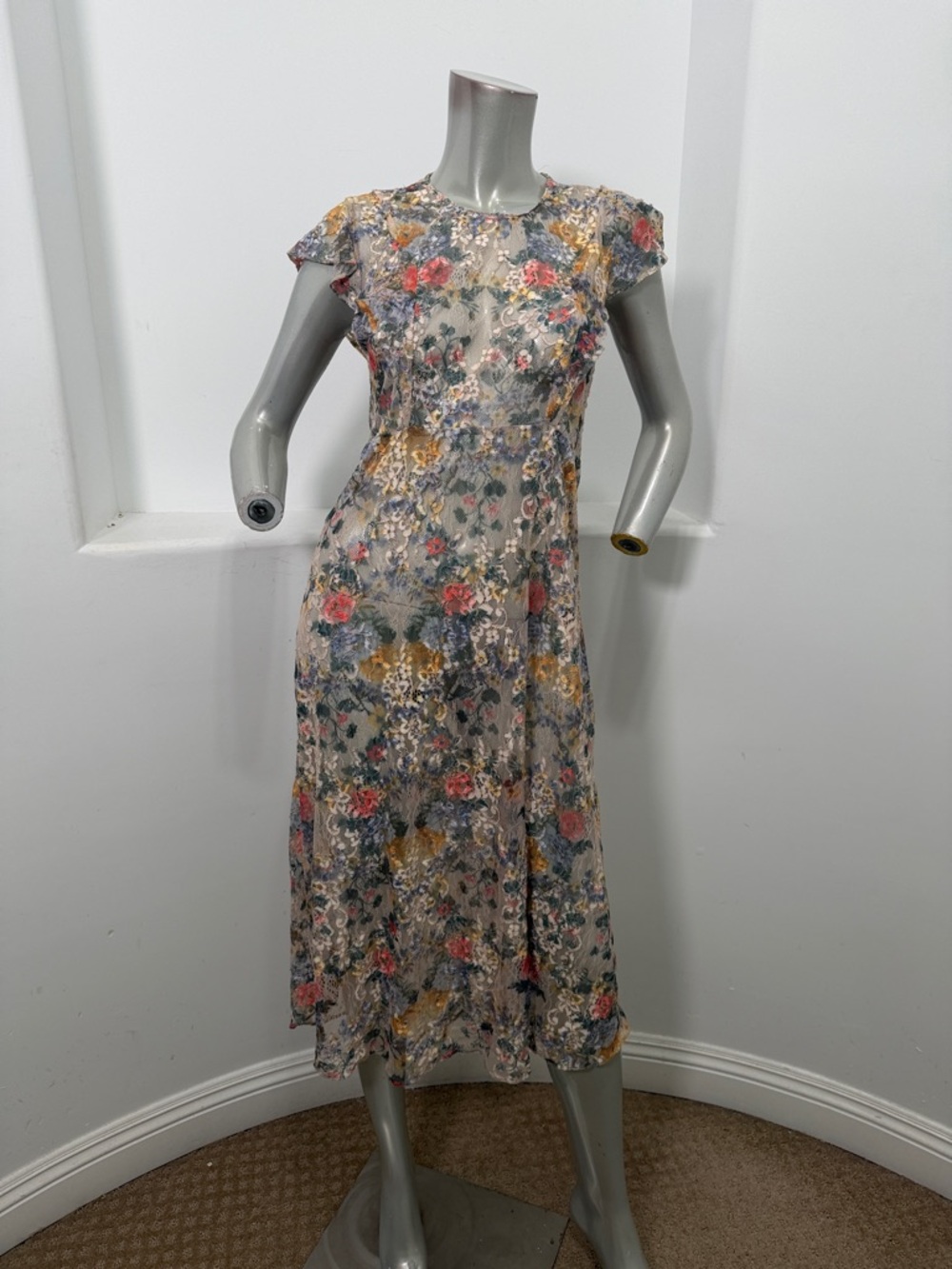 Zara Lace Midi Dress Multi Floral Cap Sleeve Size M - Picture 4 of 9